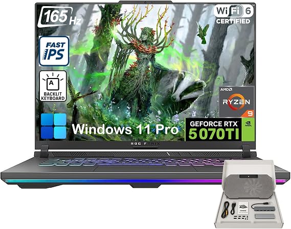 ASUS ROG Strix-G16 Gaming Laptop - 16" 165Hz 300 nits Display, AMD Ryzen 9 8940HX (Up to 5.3 GHz), NVIDIA GeForce RTX 5070 Ti, 32GB DDR5 RAM, 2TB SSD, WiFi 6E, Backlit KB, Win11 Pro, with Accessories