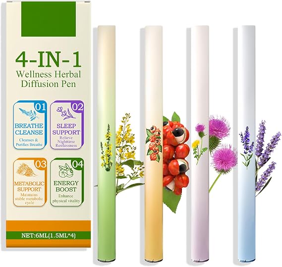 4Pcs Herbal Diffuser Pen, Aromatherapy Inhaler Stick,Portable Vaporless Fum Inhaler for Cleanse,Breathing Aid & Oral Freshening, Smoke-Free