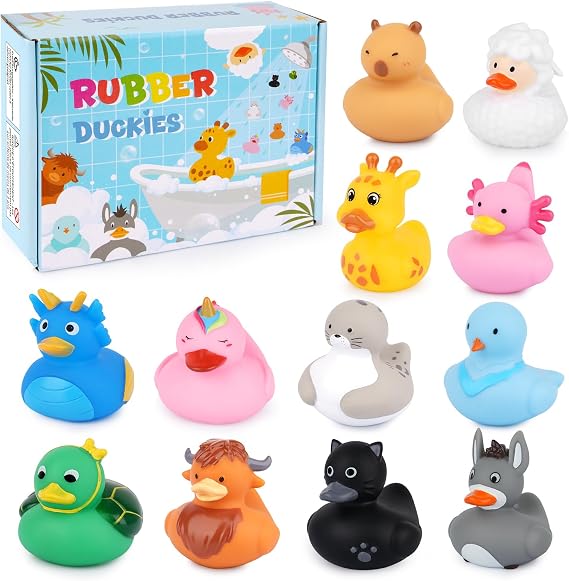 12PCS Rubber Ducks - Assorted Rubber Ducks with Black Cat,Highland Cow | Sheep Bath Toys,Toddler No Hole Ducks for Jeeps,Baby Bath Toys, Animal Bath Duckies for Baby Shower Pool Party Favors