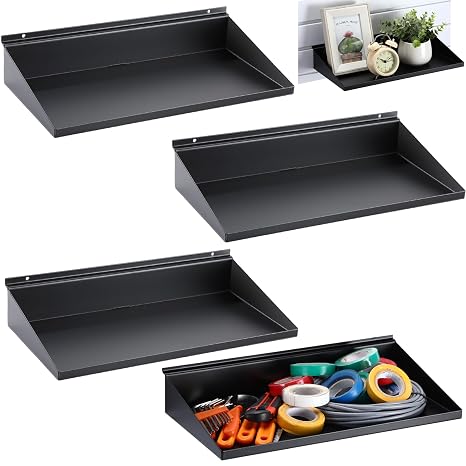 Briwooody 4 Pcs Slatwall Shelves 16 x 8 Inch Metal Slatwall Shelves Black Heavy Duty Wall Hanging Shelf Accessories for Garage Store Room Office Boutiques Retail Display Storage and Organization