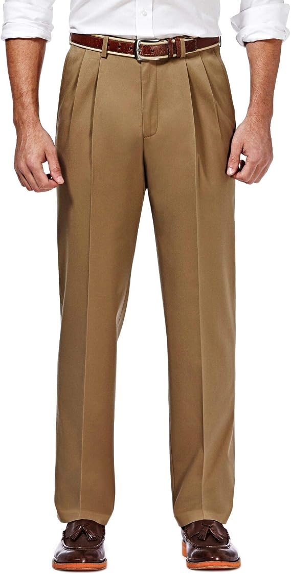 Haggar Men's Premium No Iron Classic Fit Expandable Waist Pleat Front Pant, British Khaki, 54x30