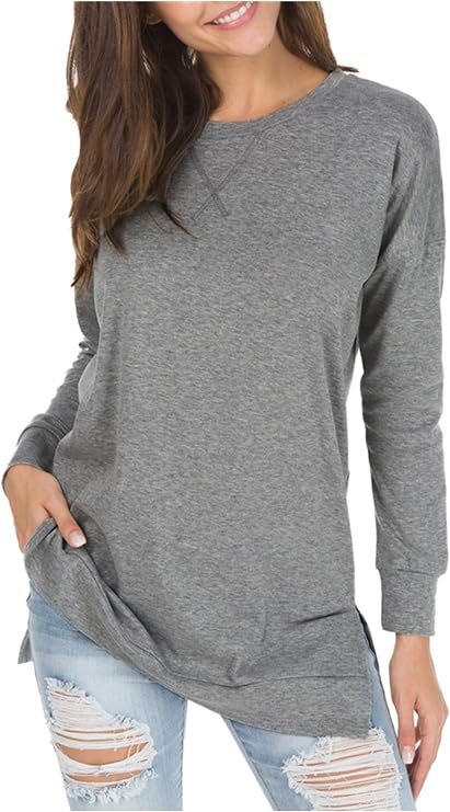 levaca Women's Fall Long Sleeve Side Split Loose Blouses Casual Pullover Tunic Tops | Side Split Fall Chothes Business Work Blouses Crew Neck Pullover Loose Outfit