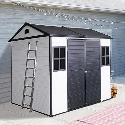 8 x 6 FT Plastic Outdoor Storage Shed with Floor, Resin Shed with Window and Lockable Door for Garden, Backyard, Tool Storage Use, Easy to Install Grey and White
