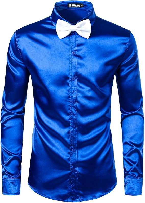 ZEROYAA Men's Luxury Shiny Silk Like Satin Button Up Dress Shirts