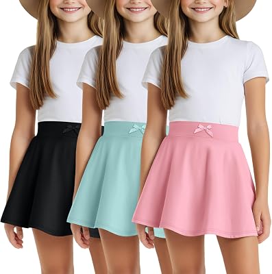 3 Pack Girls Uniform Skirts Pleated Flared Mini School Skorts Built in Shorts with Pockets for Kids
