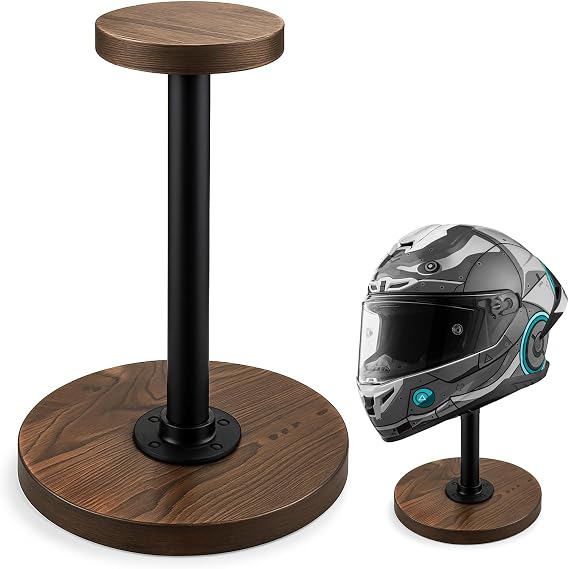 motofans Industrial Style Helmet Stand, Solid Wood and Black Metal Pipe Cap and Wig Display Stand