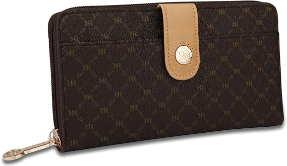 Signature Button Zip Wallet in Brown