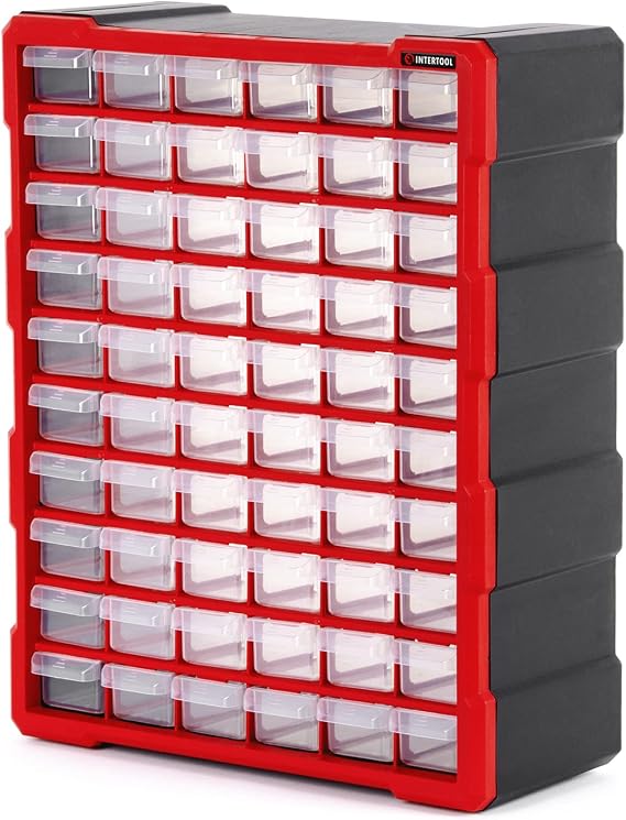 INTERTOOL Small Parts Organizer for Hardware & Screws | 60 Removable Bins with Dividers | Wall Mount or Desktop Craft & Lego Storage Cabinet | 19 x 15 x 6 BX08-4016