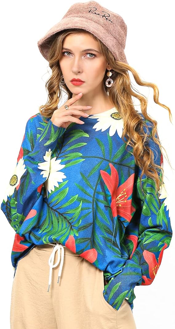 Women Sweater Flowy Print Oversized Pullover Sweaters Casual Loose Long Sleeve Knit Tops