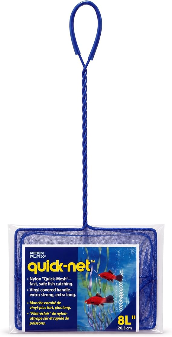 Penn-Plax Quick-Net Aquarium Fish Net - 8 x 6 in Fine Mesh, 16 in Vinyl-Covered Braided Long Handle - Small Aquarium Cleaning Tool for Gentle Fish Handling - Use in Freshwater & Saltwater Tanks - Blue