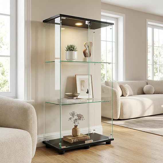 Display Cabinet with Glass Door and LED Light, 3-Shelf Black