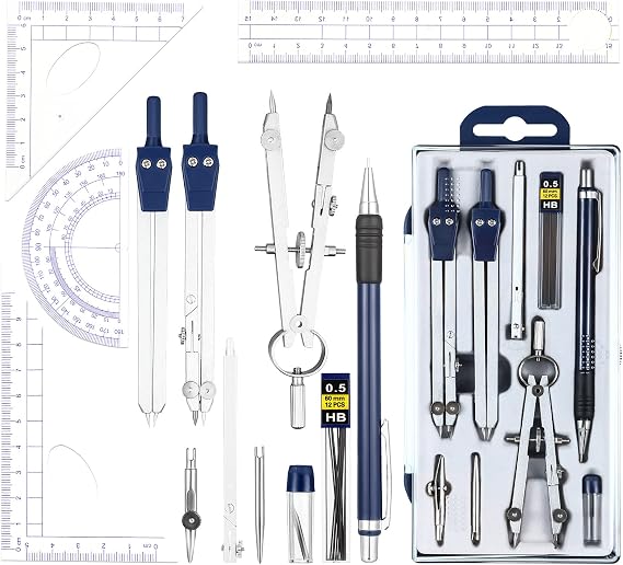 Outus 13 Pieces Math Compass and Protractor Set Geometric Tool Kit Metal Geometry Drawing Tools Precision Set Circle Ruler Architect Engineer Students Blue