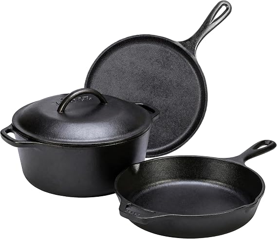 Lodge Cast Iron Set - 4-Piece Set - Pre-Seasoned Kitchen Set - Skillet, Griddle & Dutch Oven Included - PFAS-Free Non-Toxic Cookware