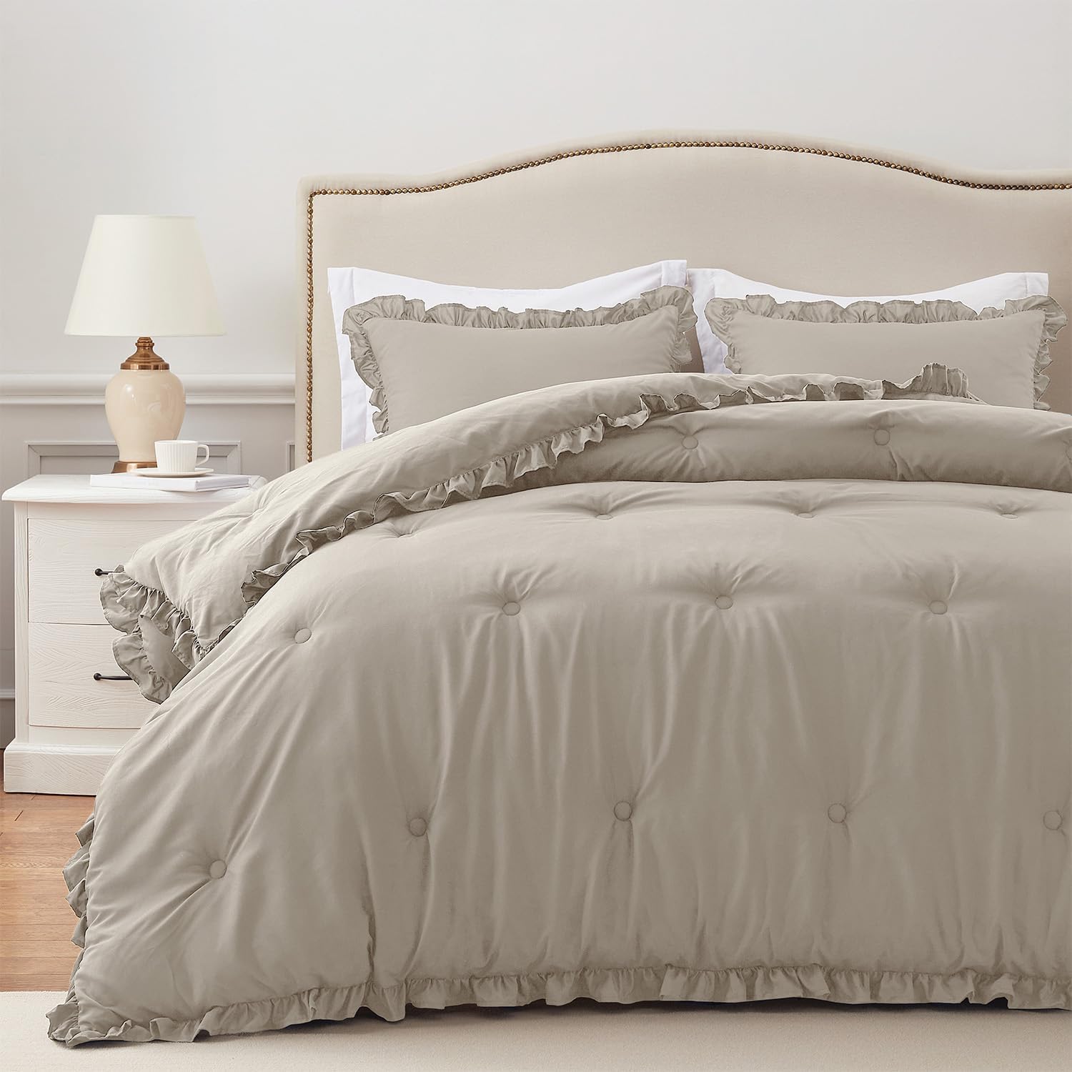 HARBOREST Queen Comforter Set Linen - Ruffle Comforter for Queen Size Bed, Fluffy Queen Size Comforter Set for All Seasons, 3 Pieces(1 Comforter & 2 Pillow Shams)
