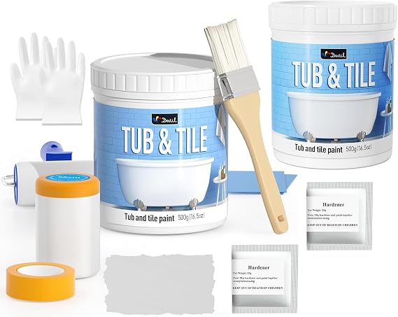DWIL Tub and Tile Paint Refinishing Kit with Hardener, Semi Gloss Light Gray, 50-55sq.ft, 1kg