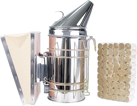 BeeTech Stainless Steel Bee Hive Smoker with Heat Shield Included 54Pcs Smoker Pellets for Beekeeping Starters Supplies