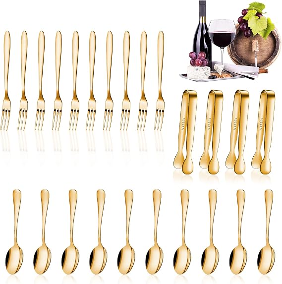 24 Pcs Mini Appetizers Forks and Spoons Tongs, Vivid Sharp Spoon, Golden