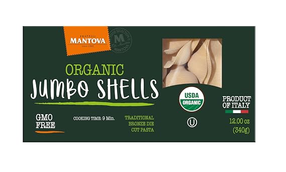 Mantova Organic Jumbo Shells Pasta, 12oz boxes (Pack of 2), Non-GMO, Product of Italy, Made with Organic Durum Wheat Semolina, Great for Stuffing