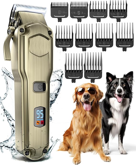 oneisall Dog Clippers for Grooming Thick Heavy Coats | Low Noise,Rechargeable Cordless,Stainless Steel Blade,IPX7 Waterproof,10 Guide Combs,for Thick/Double/Curly Hair, 676 Gold