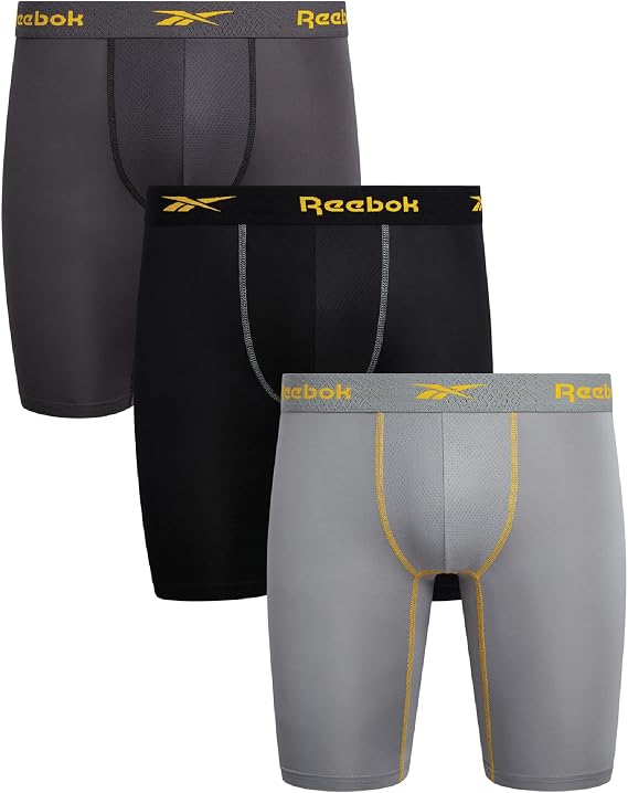 Reebok Mens Mens Boxer Briefs 3 Pack Underwear with Pouch, 9'' Inseam