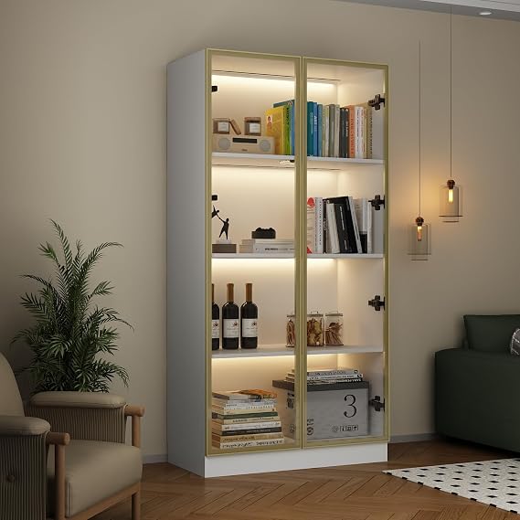 Display Cabinet with Glass Doors and Lights, Glass Display Cabinet with 4-Tier Storage Shelves, Pop-up Design, Trophy Case White and Champagne Gold (31.5W x 15.7D x 63H)