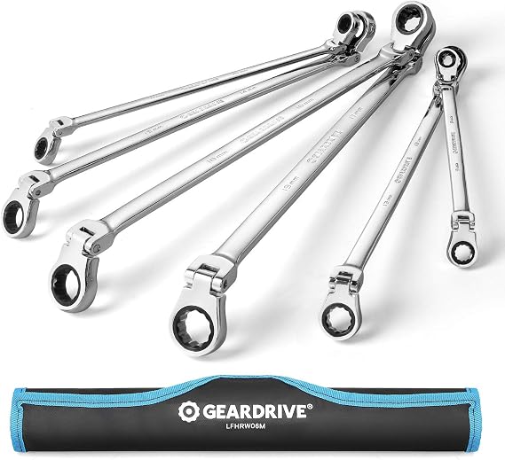 Extra Long Flex-Head Double Box End Ratcheting Wrench Set, Metric, 6-Piece, 8-19mm, Chrome Vanadium Steel, Organizer Pouch Included