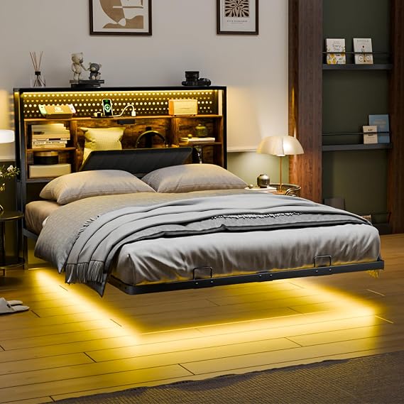 Bonnlo 4ft6 Double Bed Frame with Upholstered Storage Headboard/Charging Station/LED Lights,Floating Metal Bed Frame-Under Bed Storage/Mattress Foundation/Duty Metal Slats/No Box Spring Needed,135x190