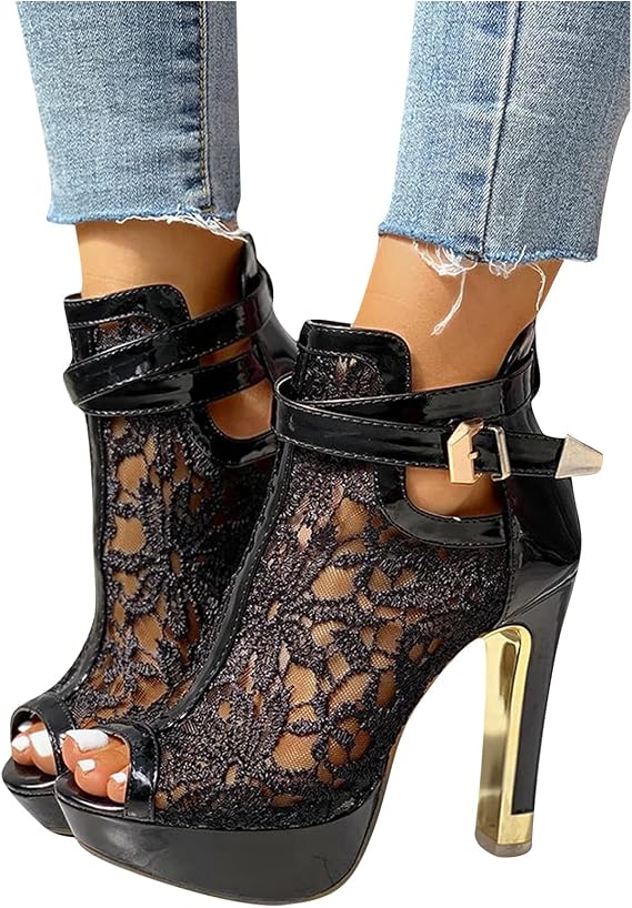 White Womens Sandals Heels, Women's Sexy High Heels Hollowed Out Lace Open-Toe Sandals Thick Sole Wedding Shoes Stiletto Heels Dressy Ankle Boots