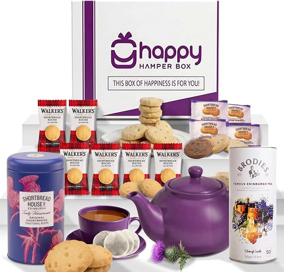 Happy Hamper Box – Premium Scottish Afternoon Tea Hamper Gift Set x 12 pcs | Gifting Ready Edinburgh Tea, Shortbread Tin, 10 Shortbread Packs | Hamper Gifts for Women Men, Birthday Anniversary Thank You