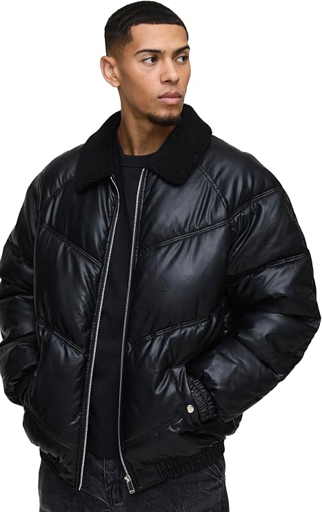 Oversized Borg Collar PU Puffer Jacket