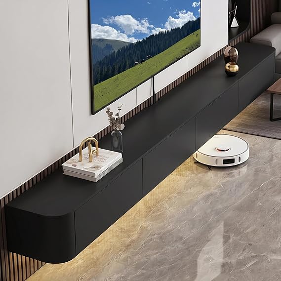 Wall Mounted TV Cabinet, Black Floating Media Stand with Doors, Entertainment Storage Console for Living Room and Office (Black, 160cm/63.0in)