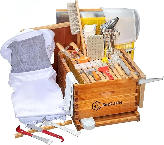 BeeCastle 10-Frame Bee Hives and Supplies Starter Kit,Beehive Kit Dipped in Beeswax,Bee Keeping Supplies-All Beginners Kit Includes Beekeeping Supplies Tool Set and Bee Suit.