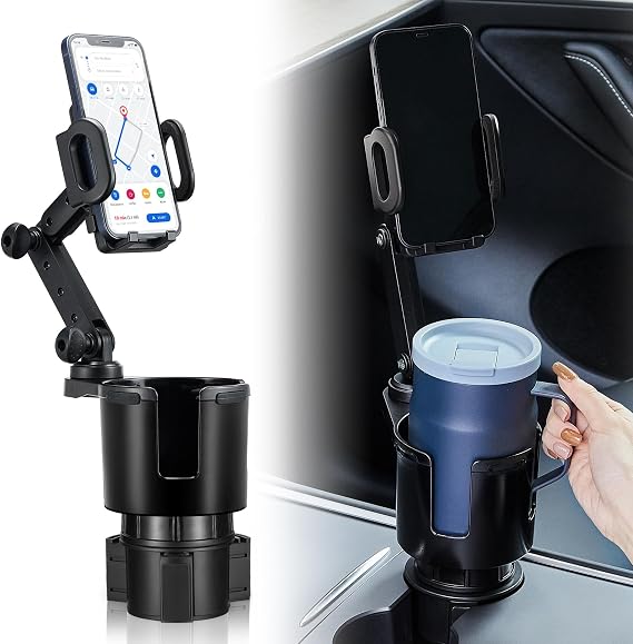 This Hill Car Cup Holder Expander Adjustable Base with Phone Mount 360 Rotation Cup Holder Cell Phone Holder for Car Compatible with iPhone All