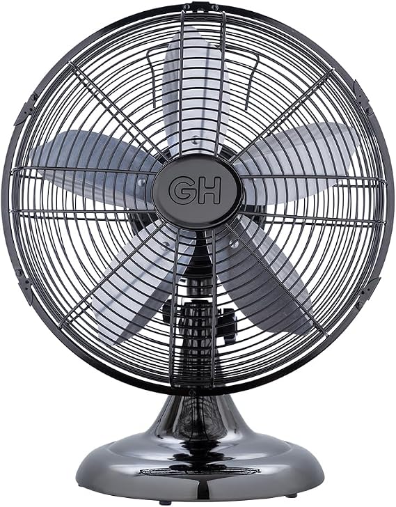 Good Housekeeping 92612 All-Metal 12" Retro Desk Office Table Fan with Wide Oscillation, 3-Speed Settings & Carrying Handle, Midnight Chrome