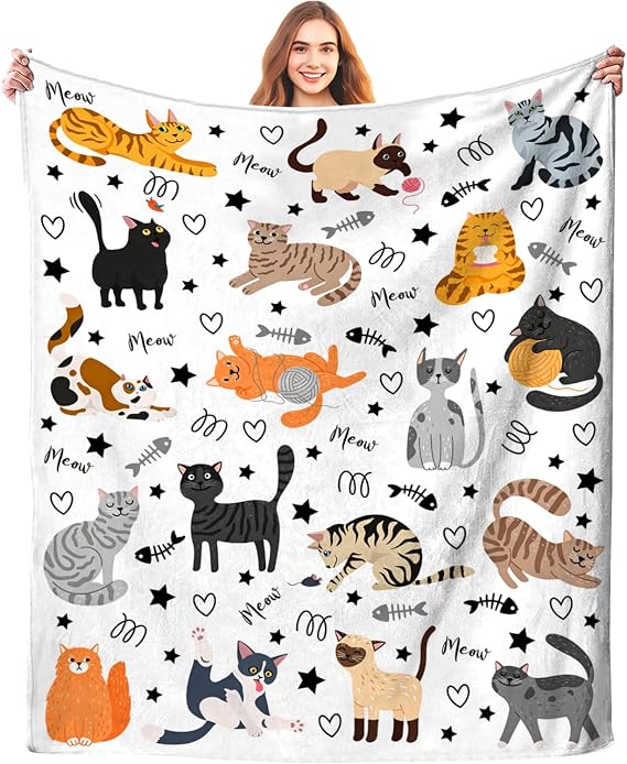 Cute Cat Blanket Animals Pet Pattern Gifts for Cat Lovers Soft Lightweight Flannel Throw Blankets for Kids Adults 60"x50"