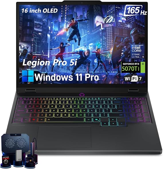 Lenovo Legion Pro 5i Gen 10 Gaming Laptop 2025 - Intel Ultra 9 275HX, NVIDIA RTX 5070Ti(12GB GDDR7), 16" WQXGA OLED 165Hz Display, RGB Backlit, Wi-Fi 7, Win 11 Pro, w/Accessories, 64GB RAM, 4TB SSD