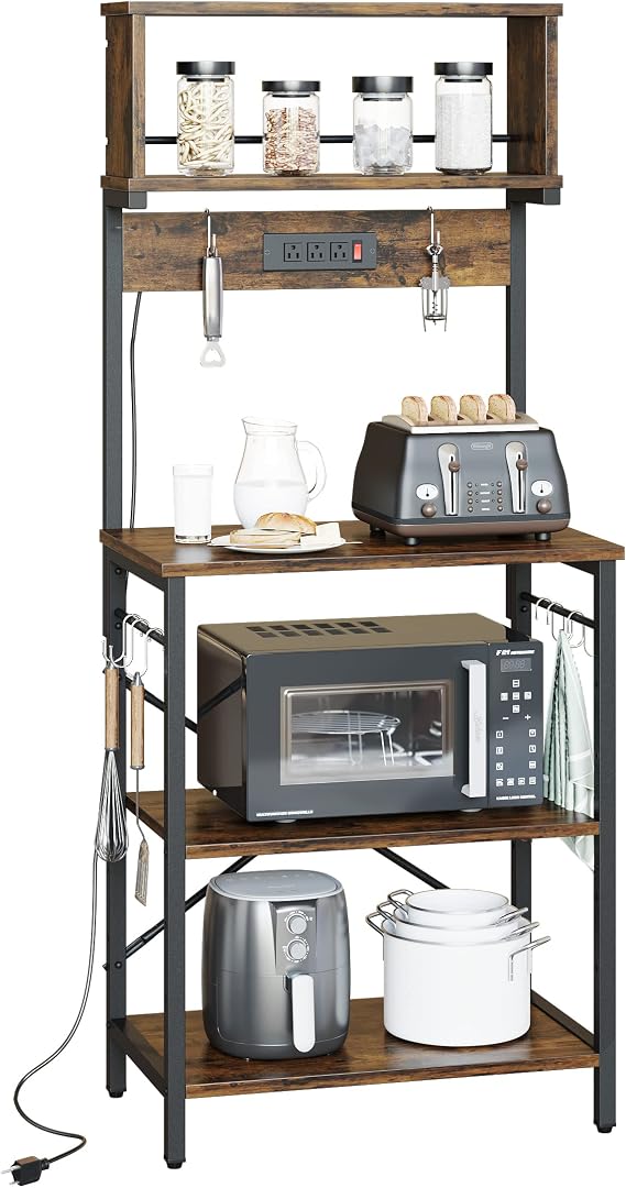 Bestier Bakers Rack with Power Outlets & Microwave Stand, Rustic Brown