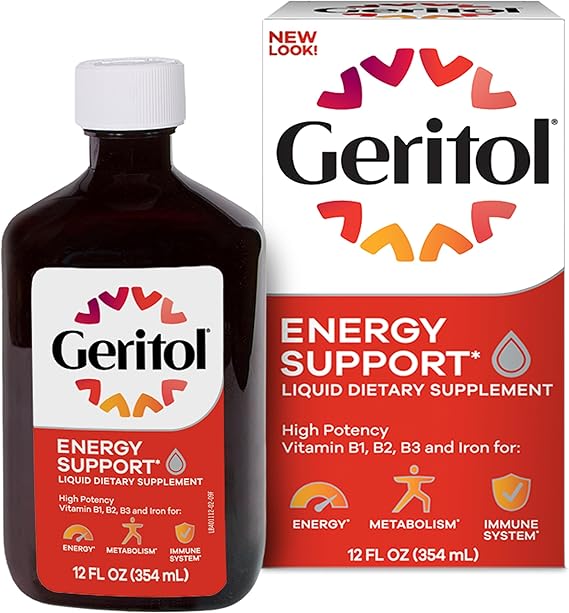 Geritol Liquid Energy Support, Iron and Vitamin Supplement, 12 Oz | Daily energy boost through High Potency Iron, B-vitamins, Multi-vitamins. Non-GMO