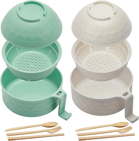 2 Sets 40 oz Microwave Ramen Bowl with Handles, Beige, Light Green
