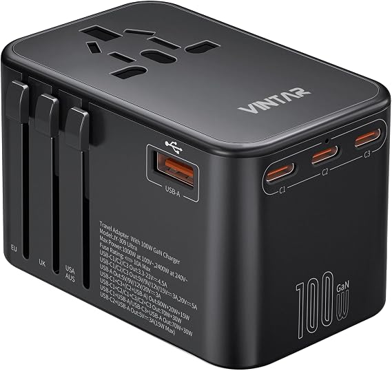 VINTAR Universal Travel Adapter 100W GaN, 5-in-1 with 3USB-C & 1USB-A