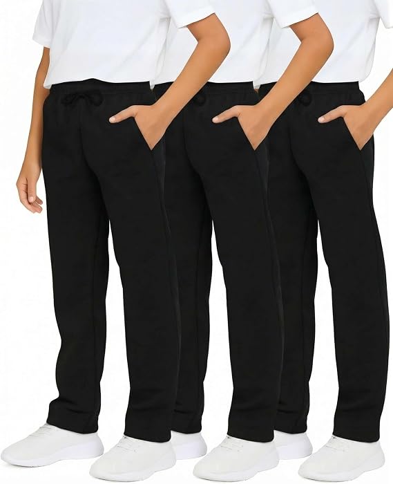 3 Pack Boys' Fleece Sweatpants Open Bottom Athletic Pants with Pockets | Available in Sizes 4-18, Football, Practice, School, Lounge, Elastic Waist, Hiking, Track, Training, Sweat; Soft, Warm & Cozy