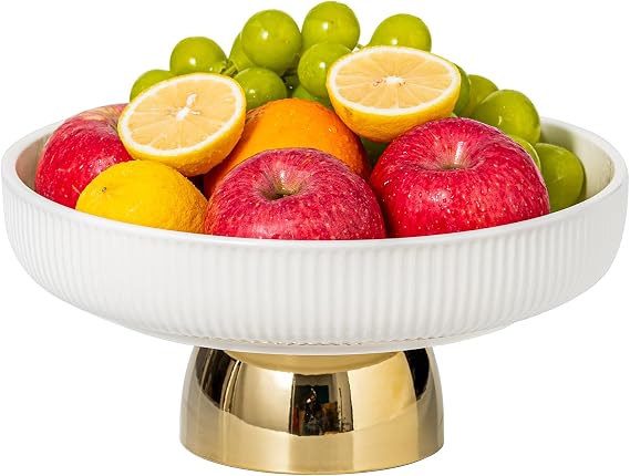 Ceramic Fruit Bowl,11-Inch Large Decorative Bowls,White Pedestal Tray and Gold Base, Fruit Bowl for Kitchen Counter, Bread and Fruit Trays,Salad or Dessert Display Trays for Parties. (XL)
