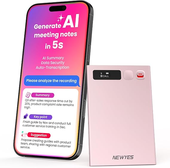 AI Voice Recorder, NEWYES Ailog Smart Digital Audio Recorder Meeting Card, Transcribe & Summarize, Translation, 64GB for Meetings, Conference, Business, Calls, HR Women Secretary(Rose Gold)
