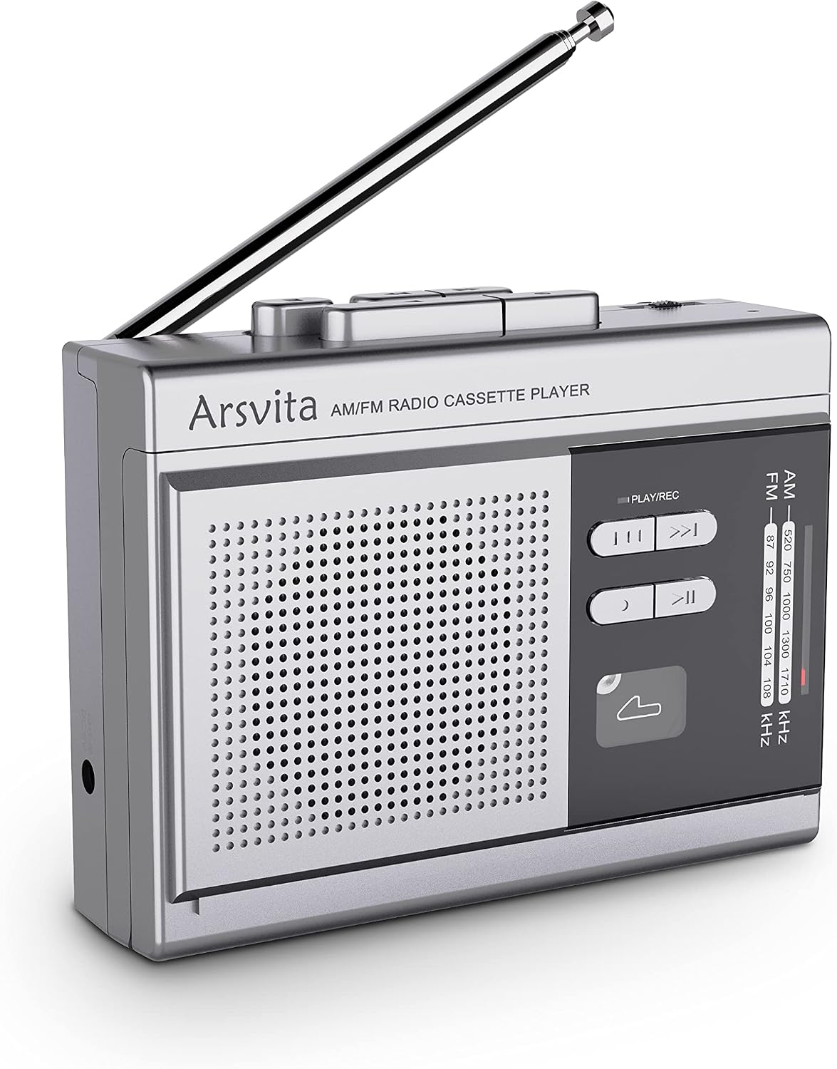 Arsvita Portable Cassette Player and Recorder, Cassette to MP3 Digital Converter, AMFM Radio Tape Walkman, Support 4-32G Micro SD Card, Build-in Speaker and Microphone, Silver