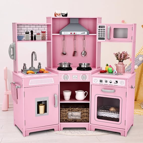 Kids Play Kitchen, Wooden Toy Kitchen Playset, Realistic Lights & Sounds