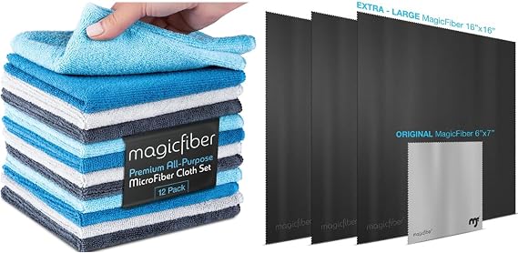 MagicFiber 16 PK - 12 Household Microfiber Cleaning Cloths + 4 Glasses Microfiber Cleaning Cloths - Premium Kitchen Towels and Glasses Wipes