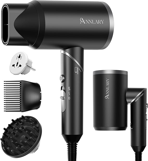ANNLARY Hair Dryer with Comb | 1800W Blow Dryer with Diffuser for Curly Hair | Plasma Ionic Hairdryer for Frizz Control | Foldable & Protable Design for Travel | 6.5 ft ALCI Cord for Women and Men