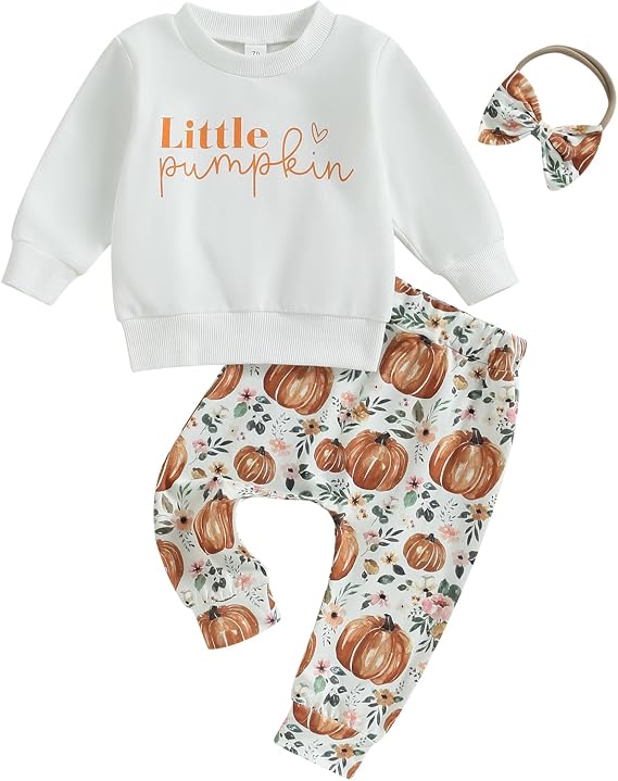 PUHHAPIEY Baby Girl Little Pumpkin Sweatshirt Floral Pants Set