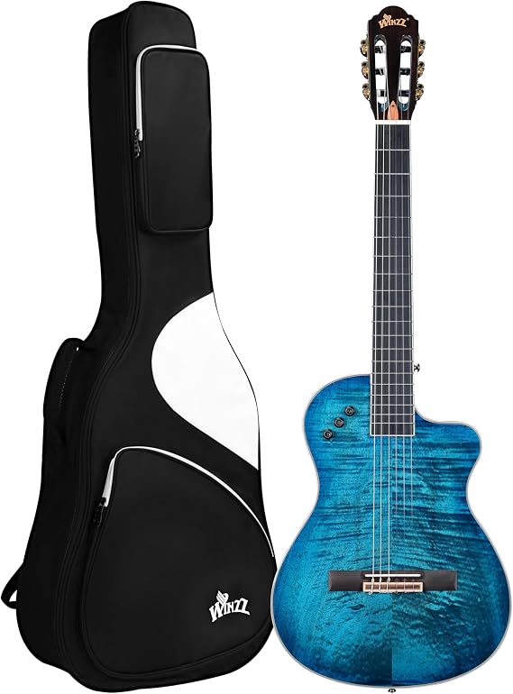 WINZZ WCG170CE 39-Inch Thin Body Classical-Electric Guitar - Nylon Strings, Built-in Preamp, Perfect for Stage and Practice (Blue)