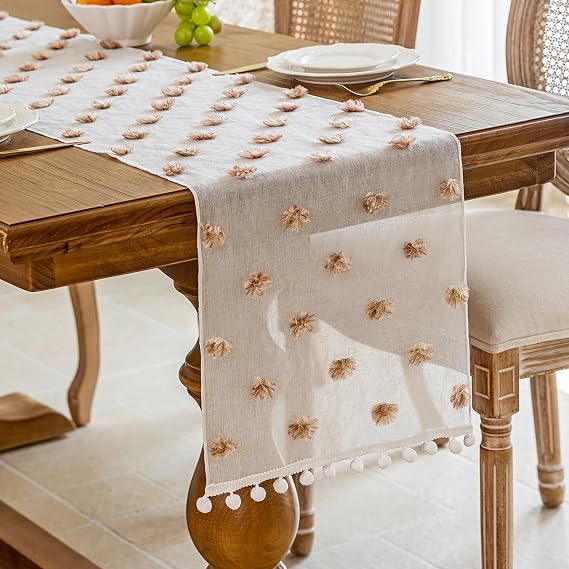 Beige Table Runner,Pom Pom Tulle Table Runner Cream Gauze Pastel Cheese Cloth Romantic Table Cloth for Wedding Party Baby Shower Home Holiday Winter Decor 13x70 Inch